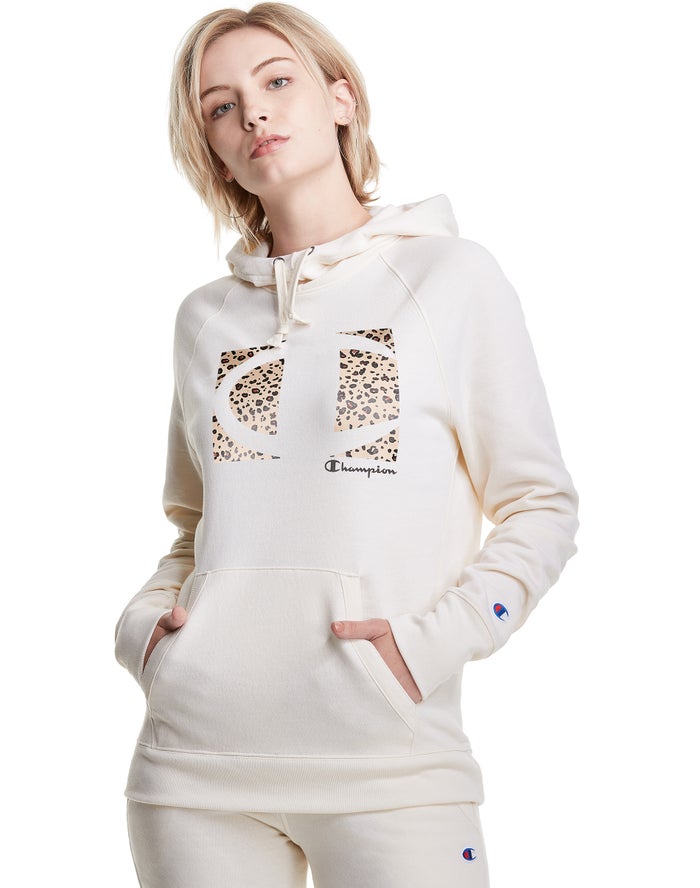 Champion Powerblend Fleece Leopard Colorblock Logo - Naisten Valkoinen Huppari - Suomi 8479236-PR